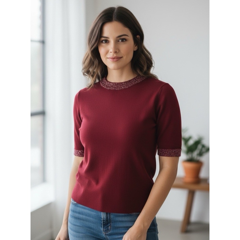 Nanette Lepore Women's S Sequin Trim Fine Knit Sweater Ruby‎ Red